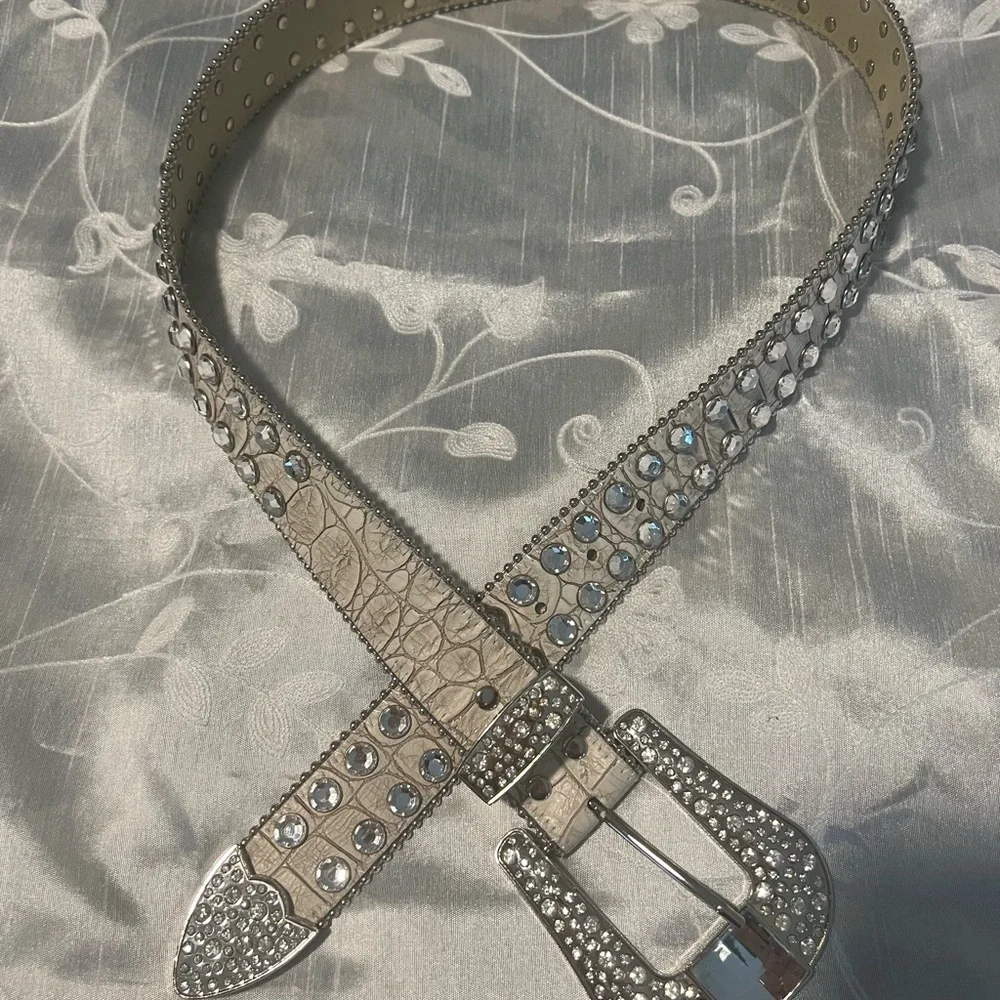 White Decorative Belt with Studs and Large Buckle